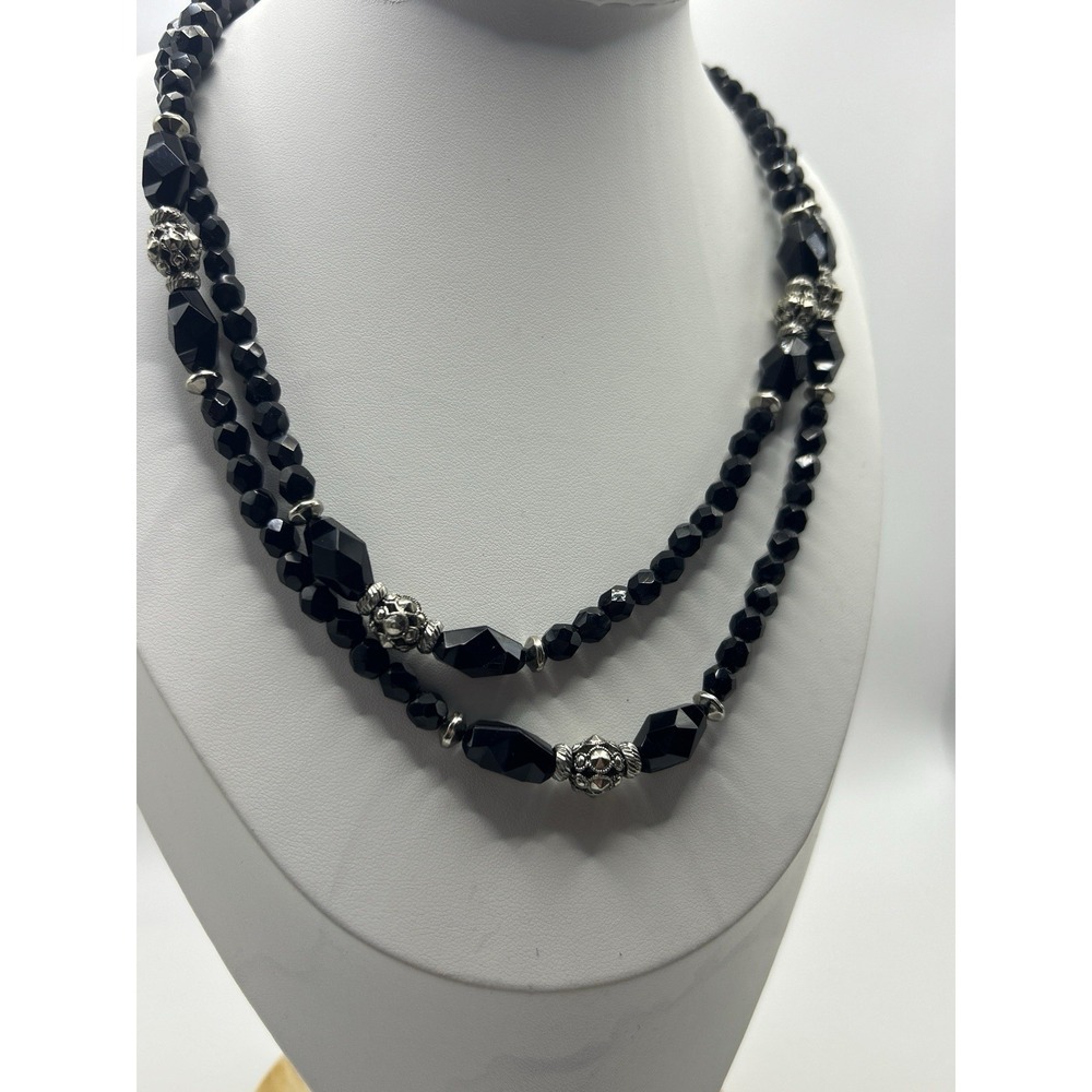 1925 Black Faceted Beaded Necklace Silver Tone Double Strand Gothic Boho Long